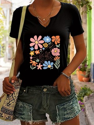 Mercoledi Kadın Baskılı Yarım V-Yaka Kollu Regular Kalıp Rahat T-Shirt