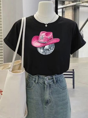 Mercoledi Kovboy Şapkası ve Disco Topu Baskılı Oversize Bisiklet Yaka T-Shirt