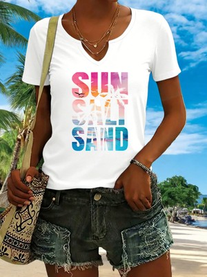 Mercoledi Kadın Sun Salt Baskılı Yarım V-Yaka Kollu Regular Kalıp Rahat T-Shirt