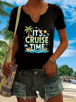 Mercoledi Kadın Cruise Time Baskılı Yarım V-Yaka Kollu Regular Kalıp Rahat T-Shirt