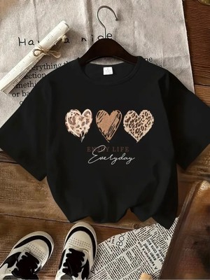 Mercoledi Enjoy Life Kalpler Baskılı Oversize Bisiklet Yaka T-Shirt