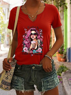 Mercoledi Kadın Sarcasm Baskılı Yarım V-Yaka Kollu Regular Kalıp Rahat T-Shirt