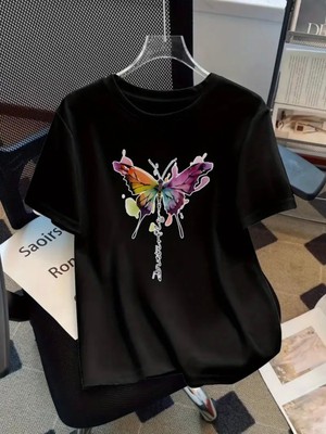 Mercoledi Suluboya Kelebek Baskılı Oversize Bisiklet Yaka T-Shirt