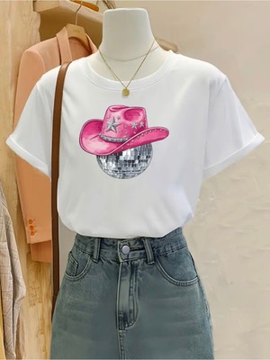 Mercoledi Kovboy Şapkası ve Disco Topu Baskılı Oversize Bisiklet Yaka T-Shirt