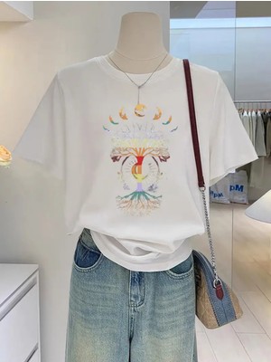 Mercoledi Yaşam Ağacı Baskılı Oversize Bisiklet Yaka T-Shirt