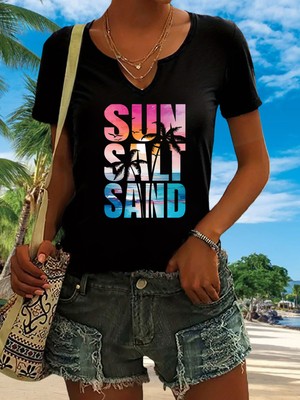 Mercoledi Kadın Sun Salt Baskılı Yarım V-Yaka Kollu Regular Kalıp Rahat T-Shirt