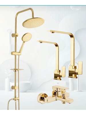 Gold Yuvarlak Robot Gold Kare Evye-Lavabo-Banyo Bataryası 4’lü Set