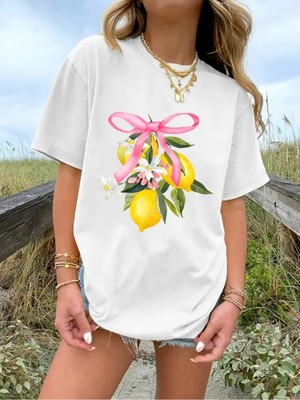Mercoledi Limon Baskılı Oversize Bisiklet Yaka T-Shirt