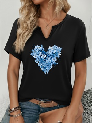 Mercoledi Kadın Mavi Kalp Baskılı Yarım V-Yaka Kollu Regular Kalıp Rahat T-Shirt