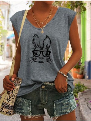 Mercoledi Gözlüklü Tavşan Baskılı Kadın Oversize Kolsuz T-Shırt