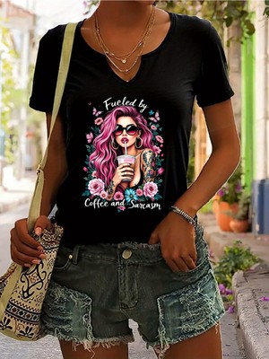 Mercoledi Kadın Sarcasm Baskılı Yarım V-Yaka Kollu Regular Kalıp Rahat T-Shirt