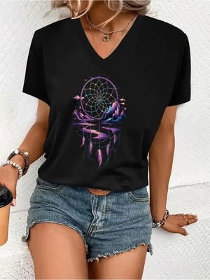 Mercoledi Rüya Avcısı Baskılı Kadın Oversize V Yaka T-Shırt