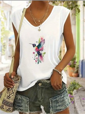 Mercoledi Kuş Baskılı Kadın Oversize Kolsuz T-Shırt