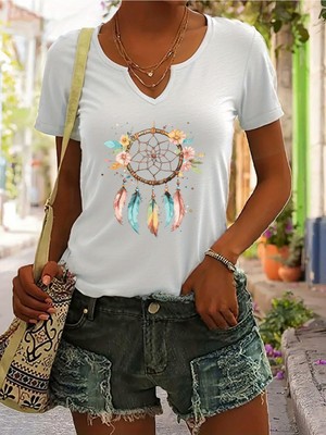 Mercoledi Kadın Dream Catcher Baskılı Yarım V-Yaka Kollu Regular Kalıp Rahat T-Shirt
