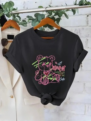 Mercoledi Happy Ayıcık Baskılı Oversize Bisiklet Yaka T-Shirt