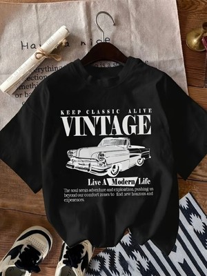 Mercoledi Vintage Araba Baskılı Oversize Bisiklet Yaka T-Shirt