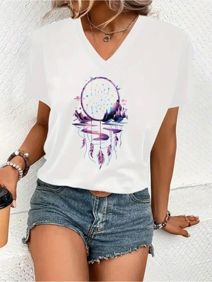 Mercoledi Rüya Avcısı Baskılı Kadın Oversize V Yaka T-Shırt