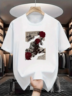 Mercoledi Santa Rose Baskılı Oversize Bisiklet Yaka T-Shirt