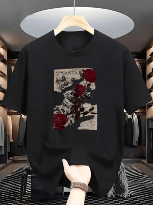 Mercoledi Santa Rose Baskılı Oversize Bisiklet Yaka T-Shirt
