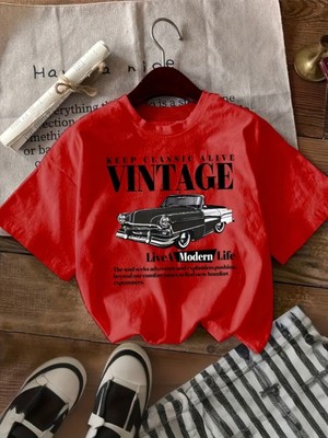 Mercoledi Vintage Araba Baskılı Oversize Bisiklet Yaka T-Shirt