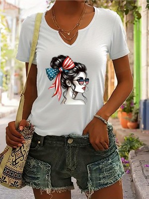 Mercoledi Kadın American Girl Baskılı Yarım V-Yaka Kollu Regular Kalıp Rahat T-Shirt