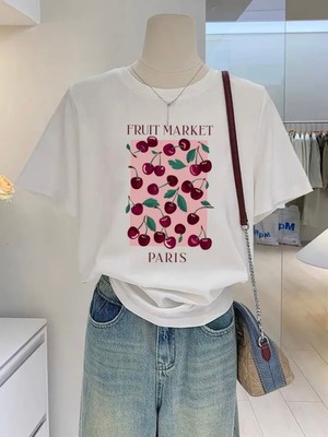 Mercoledi Fruit Market Cherry Baskılı Oversize Bisiklet Yaka T-Shirt