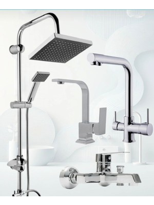 Robot Duş Seti Üç Yollu Arıtmalı Batarya Kare Lavabo Bataryası Kare Banyo Bataryası 4 Lü Set