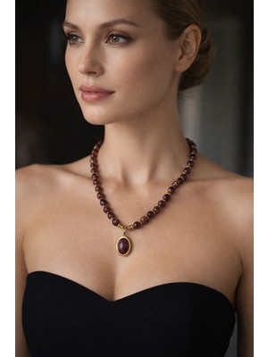 Solare Accessories Doğal Rodonit Taşlı Altın Kaplama Vintage Kolye