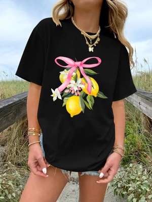 Mercoledi Limon Baskılı Oversize Bisiklet Yaka T-Shirt