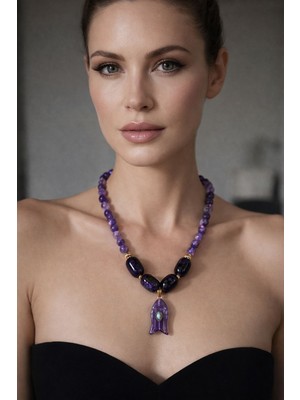 Solare Accessories Doğal Ametist & Akik Taşlı Özel Tasarım - Altın Kaplama Vintage Doğal Taşlı Kolye