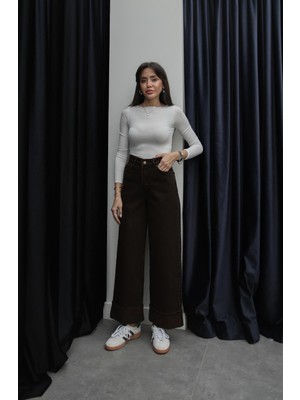 Havoş Acı Kahve Eskitme Yıkamalı Paça Katlamalı Jean