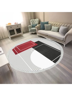 Kaymaz Yıkanabilir Dijital Baskılı Salon Halısı Trend Saçaklı Yuvarlak Geometrik AL4052