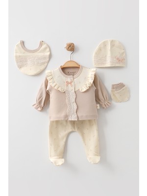 Zeynuko Kız Bebek Çiçek Desenli Dantelli Fiyonklu 5'li Yenidoğan Hastane Çıkışız Zıbın Seti