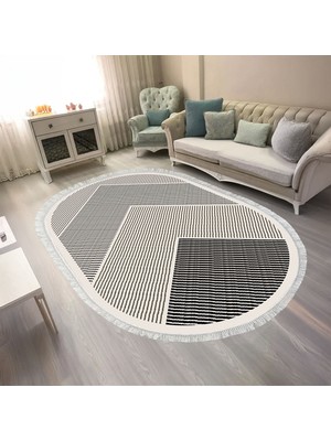 Kaymaz Yıkanabilir Dijital Baskılı Salon Halısı Trend Saçaklı Oval Geometrik AL4048