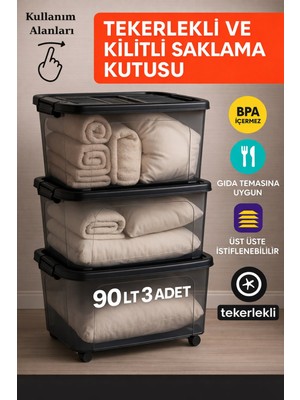 Loremp 90 Lt Depolama 3 Adet Kilitli Saklama Antrasit Depolama Tekerlekli