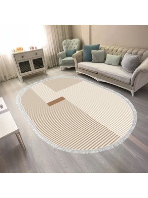 Kaymaz Yıkanabilir Dijital Baskılı Salon Halısı Trend Saçaklı Oval Geometrik AL4050