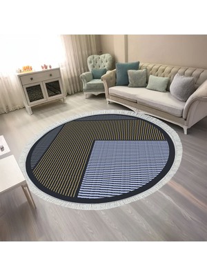 Kaymaz Yıkanabilir Dijital Baskılı Salon Halısı Trend Saçaklı Yuvarlak Geometrik AL4048