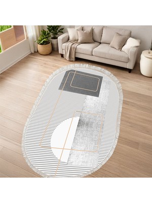Kaymaz Yıkanabilir Dijital Baskılı Salon Halısı Yıldız Deri Saçaklı Oval Geometrik AL4052