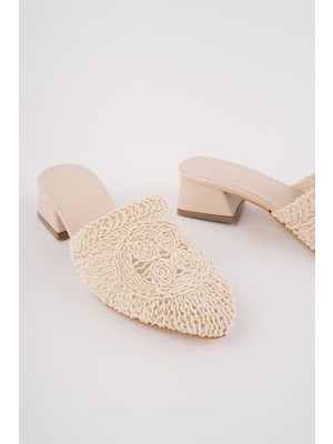 RoseVeno Kadın Bej Triko Örgülü Topuklu Terlik