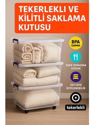 Loremp 3'lü Set 80 Lt Tekerlekli Kilitli Şeffaf Saklama Kutusu Büyük Boy Plastik Düzenleyeci Saklama Kabı