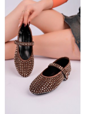 RoseVeno Kadın Baretli Acı Kahve Kristal Taşlı Günlük Babet Ayakkabı