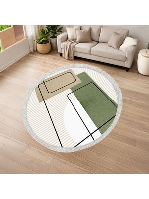 Kaymaz Yıkanabilir Dijital Baskılı Salon Halısı Yıldız Deri Saçaklı Yuvarlak Geometrik AL4052
