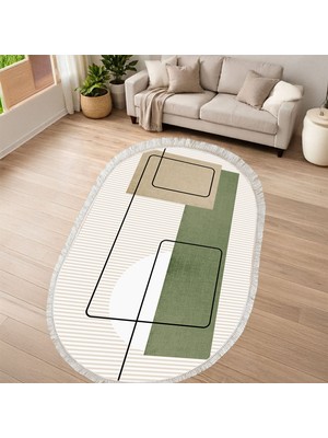 Kaymaz Yıkanabilir Dijital Baskılı Salon Halısı Yıldız Deri Saçaklı Oval Geometrik AL4052