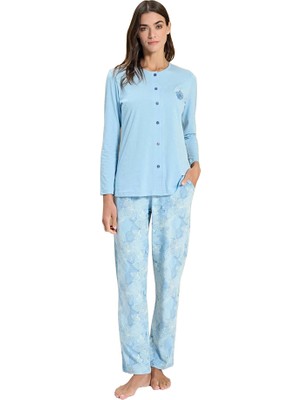 Over Sleep by Poleren Over Sleep 3314 Kadın Uzun Kol Büyük Beden Önden Düğmeli Modal Pijama Takım (L-Xl-Xxl-3xl)