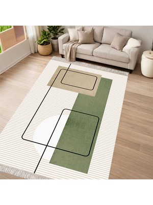 Kaymaz Yıkanabilir Dijital Baskılı Salon Halısı Yıldız Deri Saçaklı Geometrik AL4052