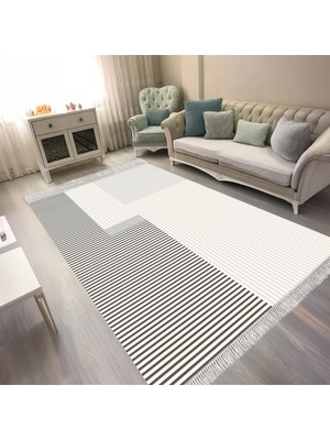 Kaymaz Yıkanabilir Dijital Baskılı Salon Halısı Trend Saçaklı Geometrik AL4050