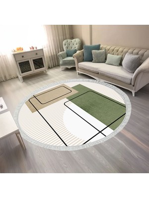 Kaymaz Yıkanabilir Dijital Baskılı Salon Halısı Trend Saçaklı Yuvarlak Geometrik AL4052