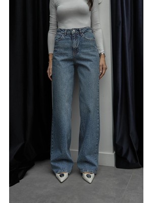 Havoş Mavi Serpme Taşlı Wide Leg Jean