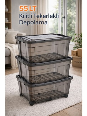 Loremp 55 Lt Tekerlekli Kilitli 3 Adet Saklama Kutusu Depolama Düzenleyici