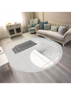 Kaymaz Yıkanabilir Dijital Baskılı Salon Halısı Trend Saçaklı Yuvarlak Geometrik AL4052